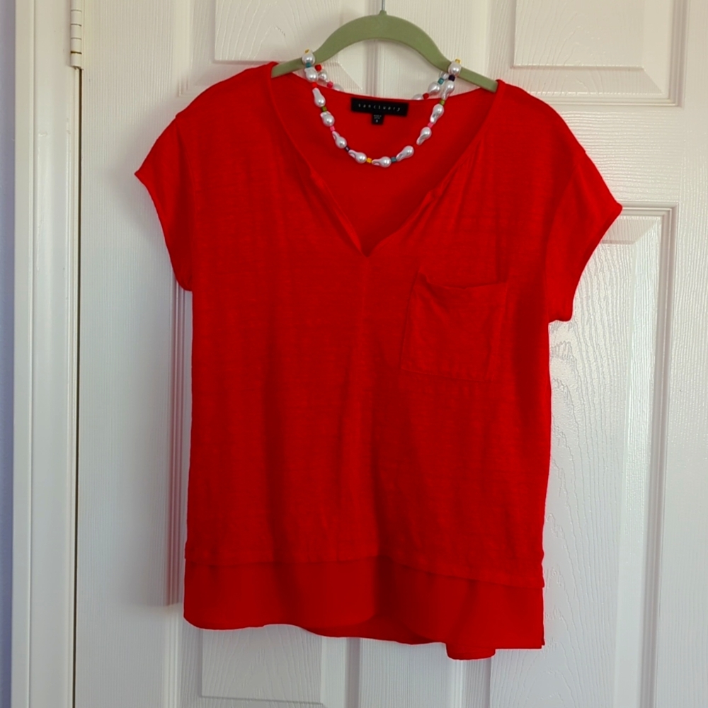 Sanctuary Linen V-Neck Top  Pomegranate with Contrast Hem Trim